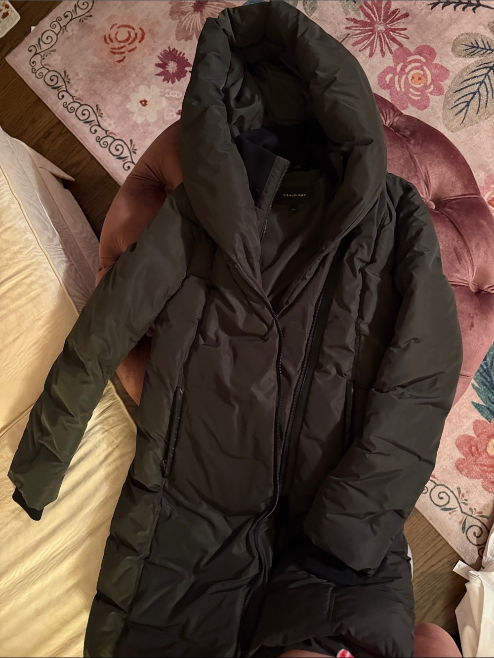 Mackage Black Long Puffer Coat with Oversized Funnel Collar